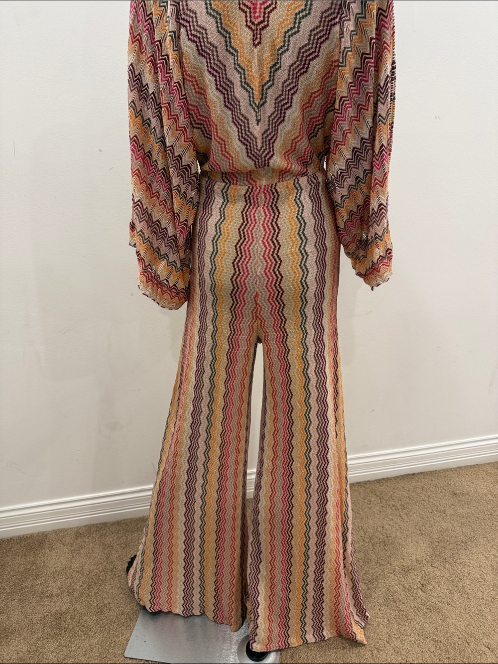 MISSONI Metallic Zigzag Knit Jumpsuit Palazzo Wide Leg Kimono Sleeves IT 40 New - Picture 11 of 15